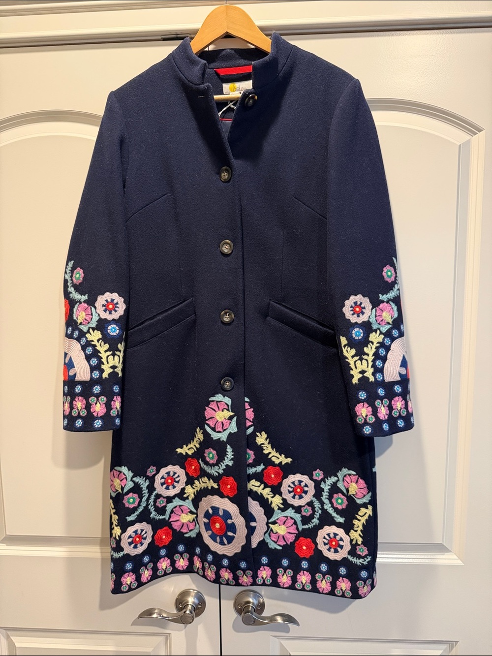 Boden icons crewel embroidery dress coat navy blue rare like new US 8 UK 12 🇬🇧